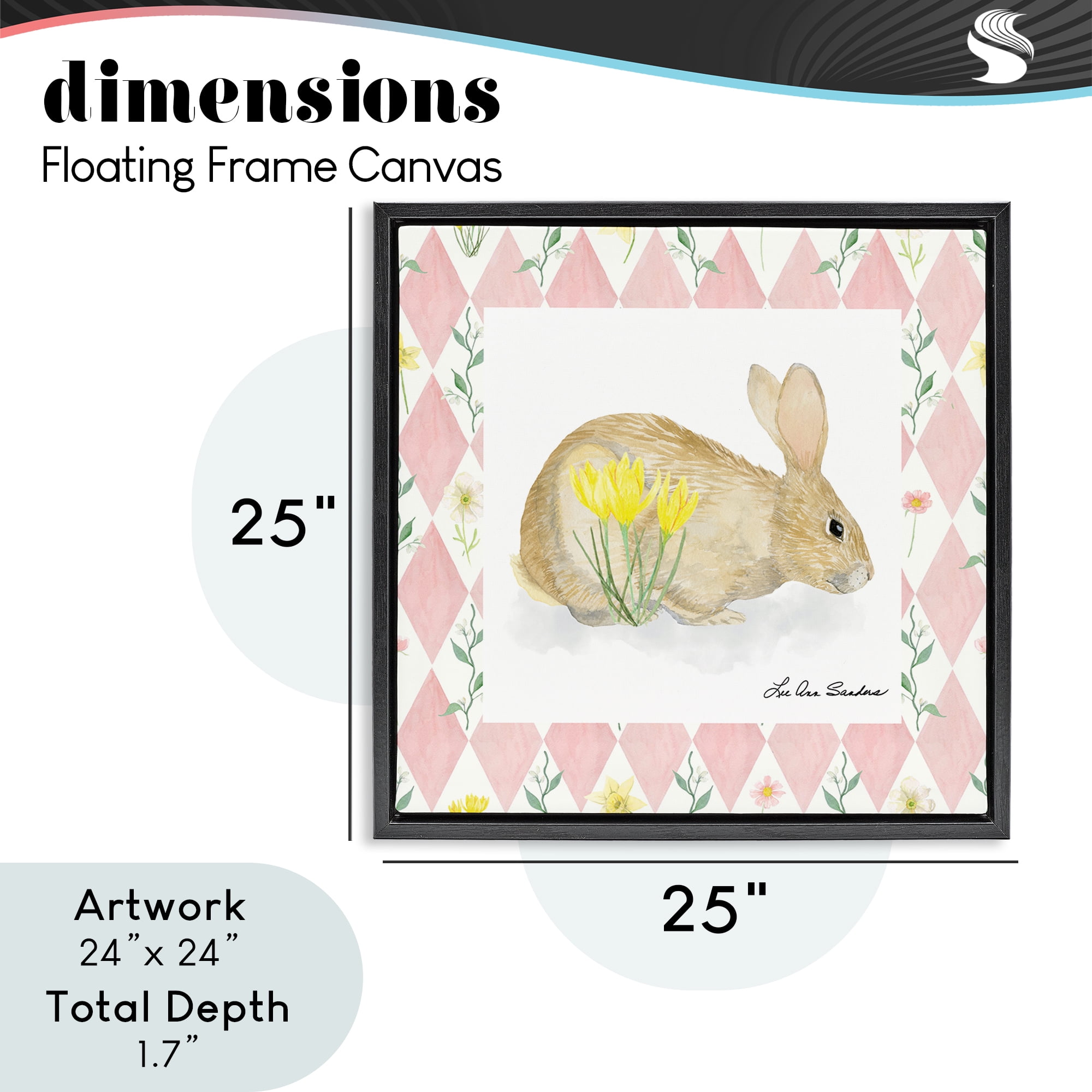 Buttercup Bunny on Pink Argyle Black Framed Floater Canvas Wall Art, design by Lee Ann Sanders