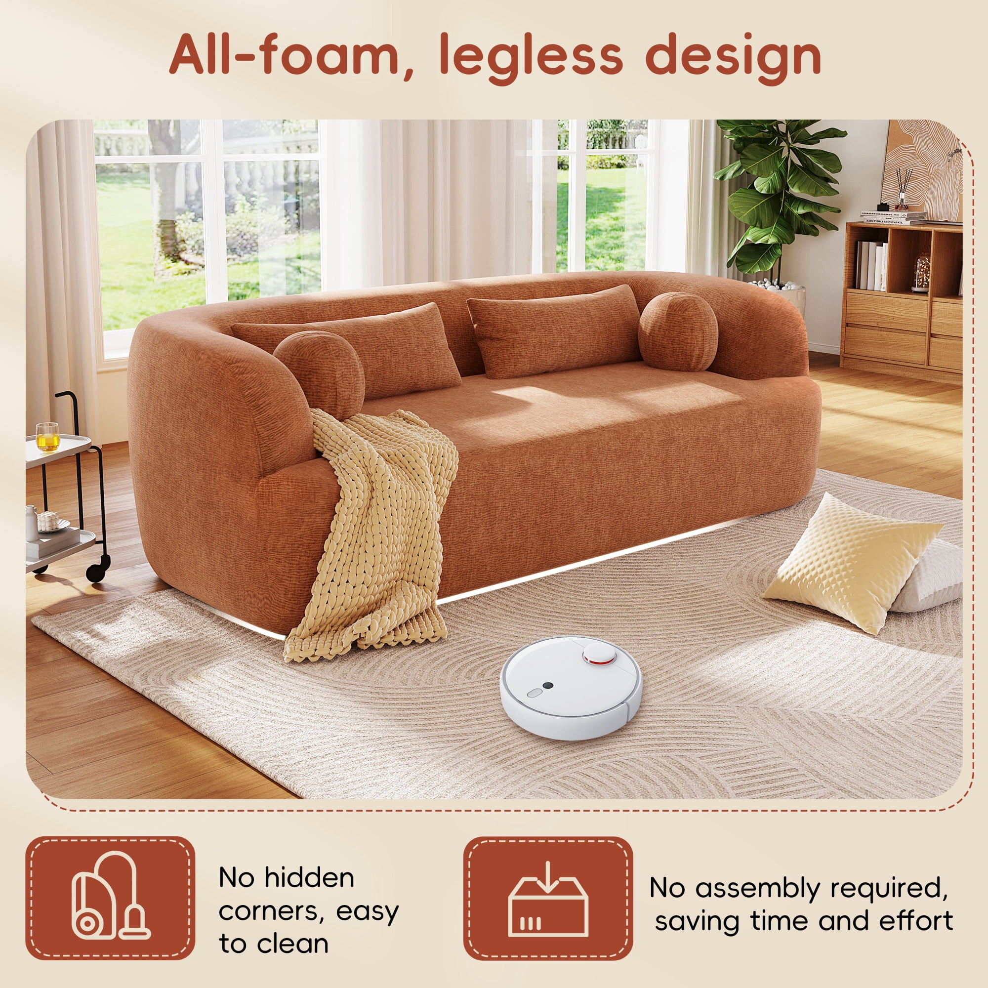 Leumius 86" Chenille Boneless Couch, Upholstered Sofa with Pillows, No Assembly Curved Cloud Couch with High-Density Foam, 3-Seater Luxury Modern Compressed Sofa for Living Room&Apartment Orange