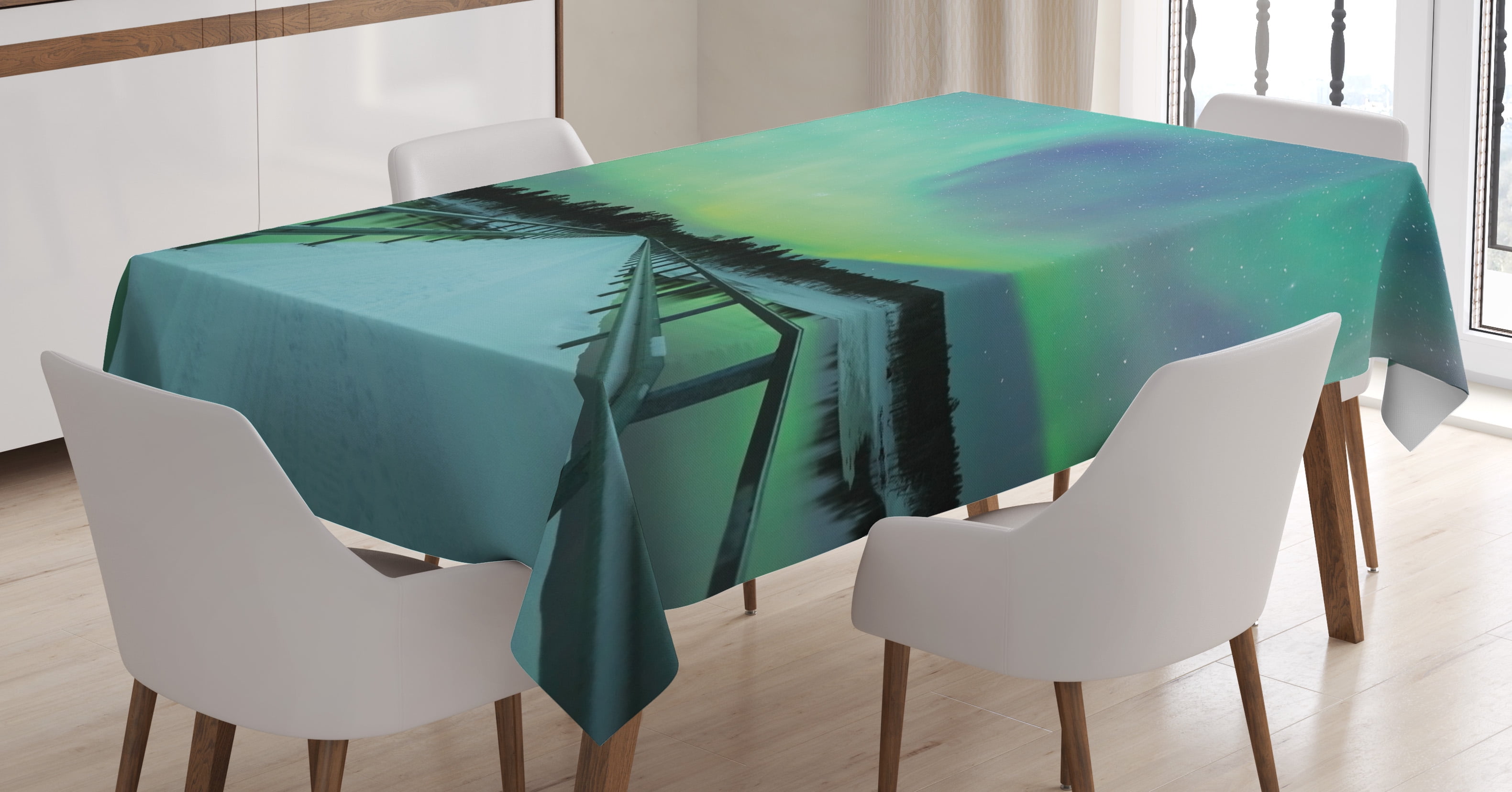 Northern Lights Tablecloth, Long Mystic Sky over Bridge in Snowy Arctic ...