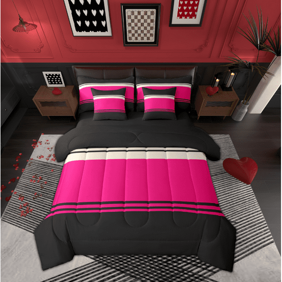 Manfei Modern Geometric Aesthetic 7-Piece Twin Bedding Sets,Stripes Lines Bedding Comforter Set,Pink Black Sheet Sets For Children,Microfiber Bedroom Decor Reversible