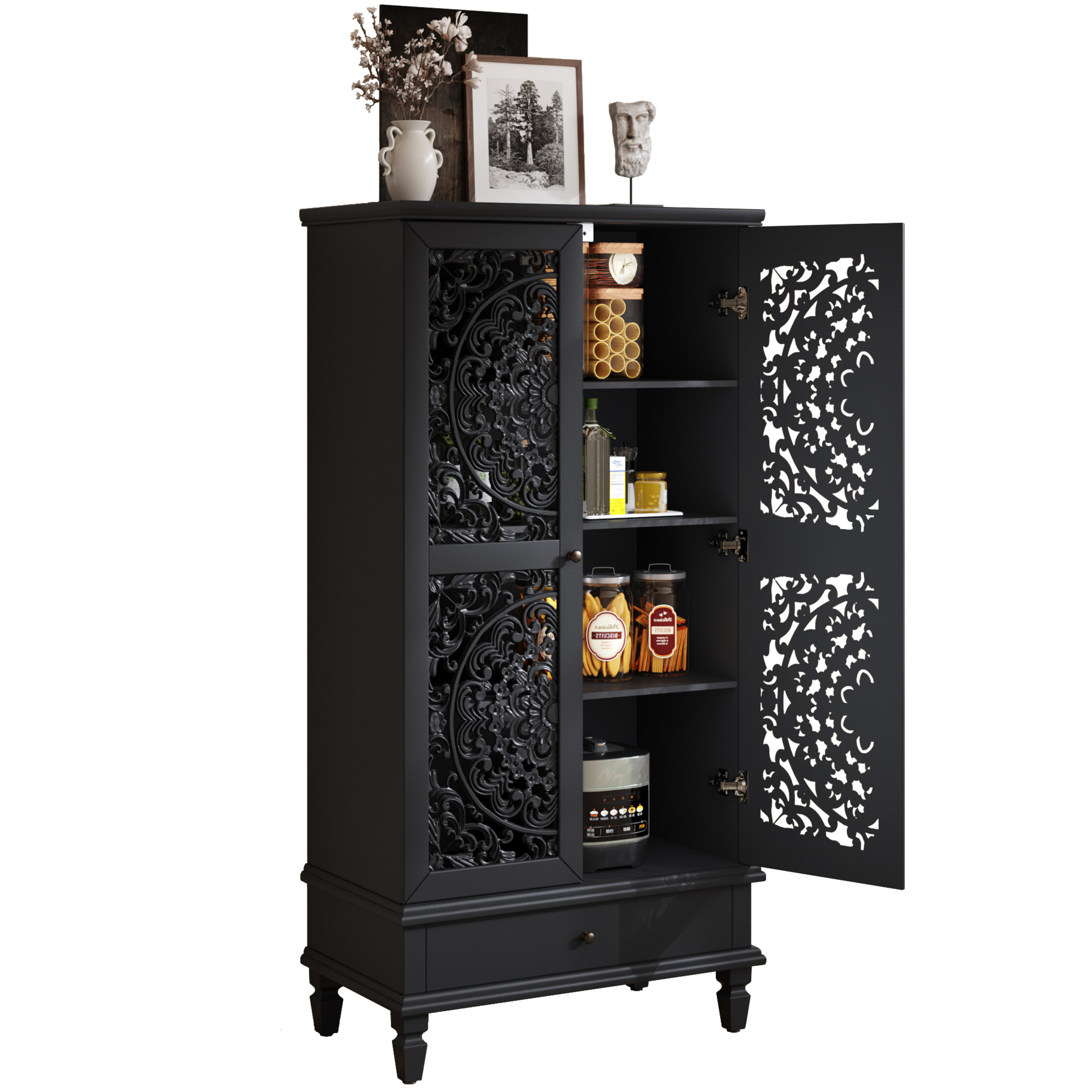 Noble house Rustic Tall Storage Cabinet with Drawer, Carved 2-Door Cabinet with Solid Wood Legs,Black