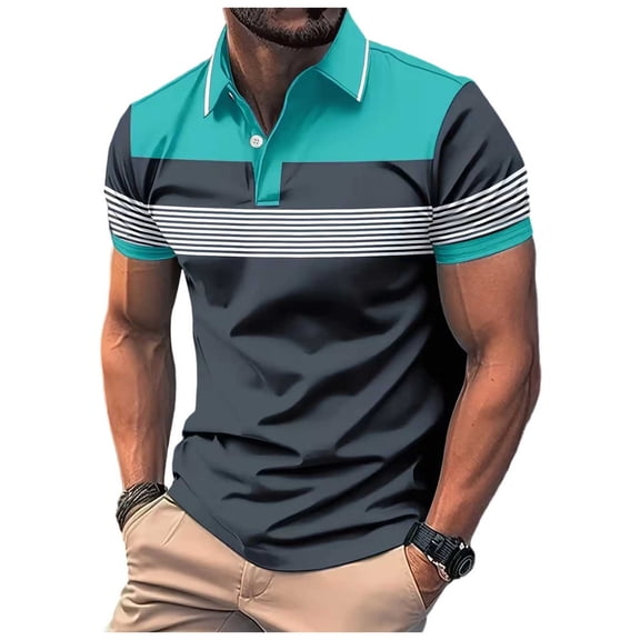 MYAOYI Mens Shirts Short Sleeve Polo Shirts, Color Block Striped Casual Breathable Summer Tops