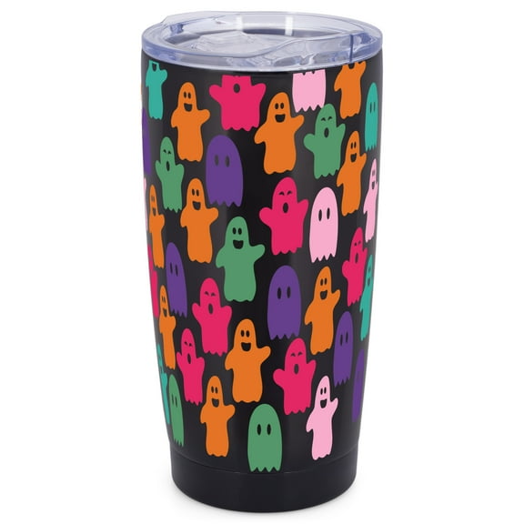 Elanze Designs Little Monsters Ghosts Halloween Wrap-Around Design 20 Ounce Stainless Steel On-The-Go Coffee Mug, Thermal Travel Tumbler with Leak Resistant Slide Lid, Sleek Black