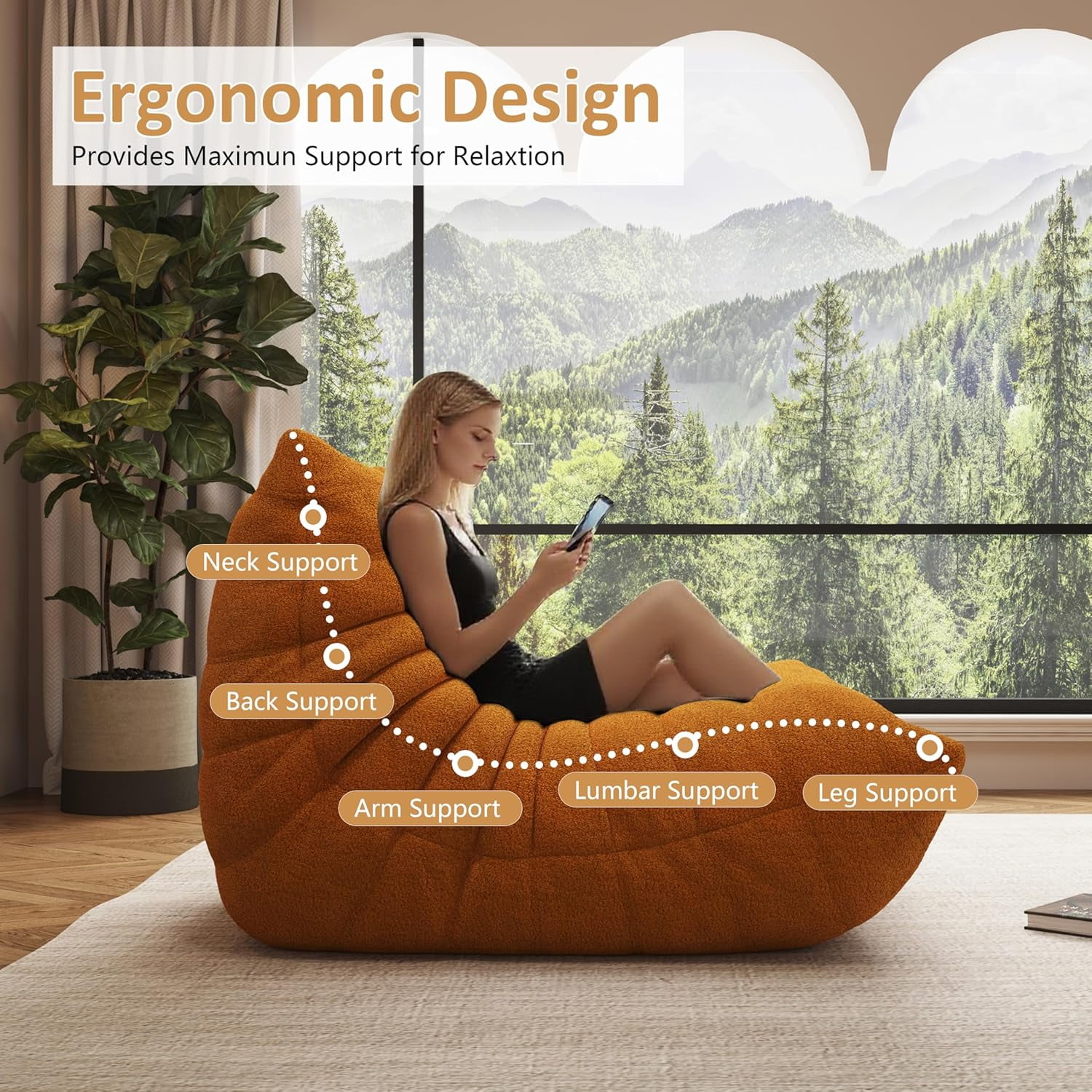 Single Yellow Bean Bag Chair for Adults with Memory Foam Filler, Faux Fur Floor Gaming Sofa for Home or Apartment