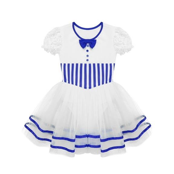 Aislor Girls Christmas Dance Leotard Dress Lace Puff Sleeve Striped Print Tutu Dress Performance Blue 6