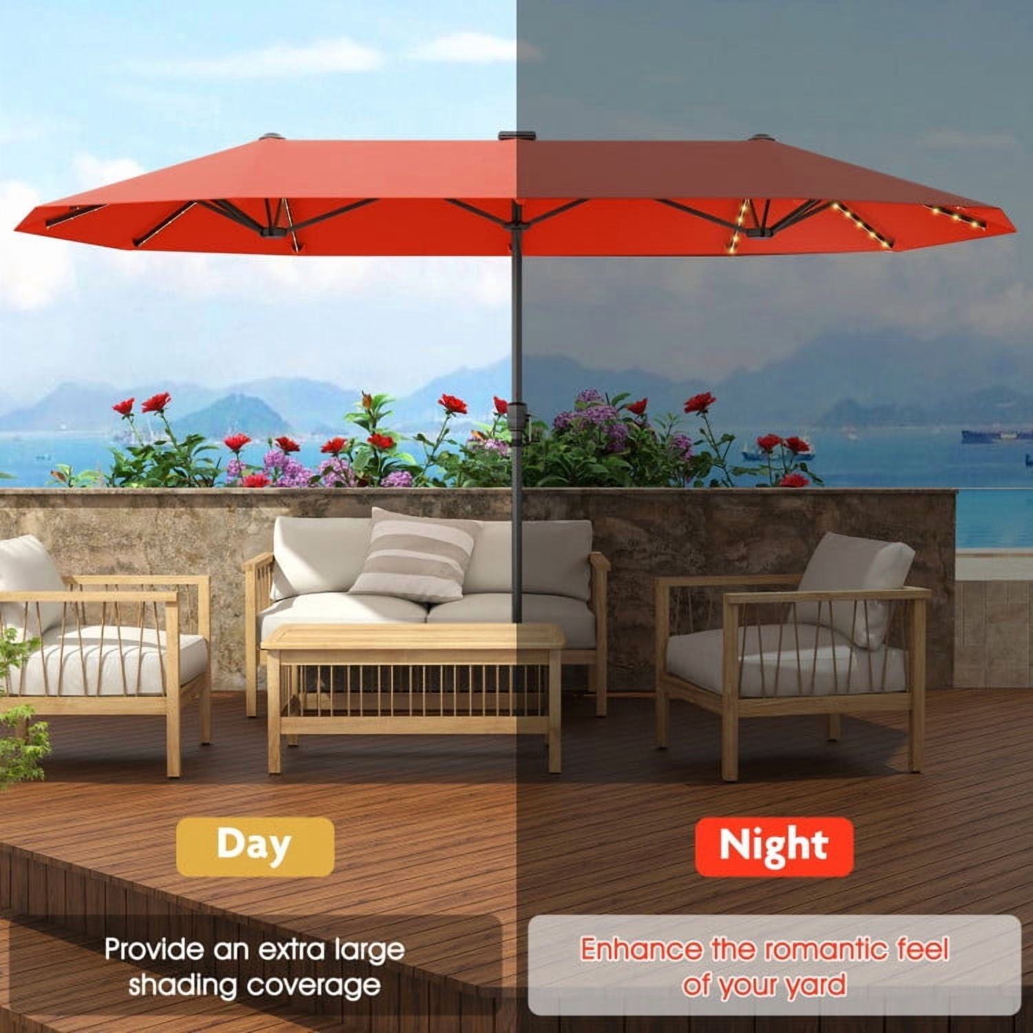 GVN Outdoor Patio Umbrella,Patio Umbrella,13 FT Large Patio Umbrella with LED Solar Lights and Crank Handle-Orange