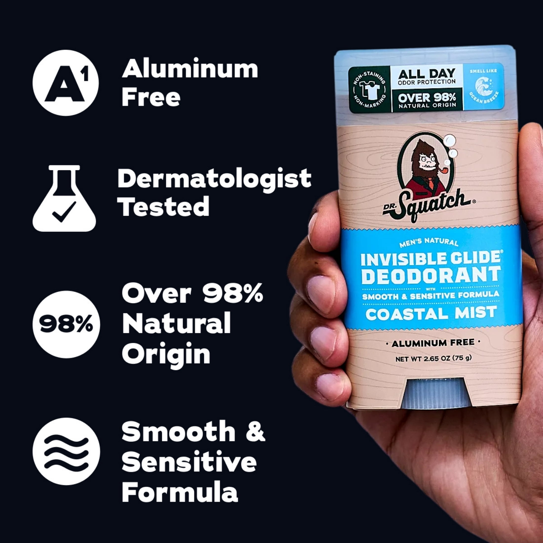 Dr. Squatch Mens Invisible Glide Deodorant Stick, Natural Aluminum Free Deodorant for Men, Coastal Mist, 2.65 Oz