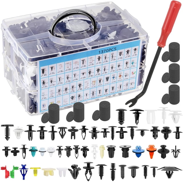 1501Pcs Car Retainer Clips & Plastic Fasteners Kit - 54 Sizes Auto Push Pin Rivets Set with Removal Tool, 10 Cable Ties, Sponge Cushions. 3-Layer Storage Box for Toyota Ford Honda (1501Pcs)