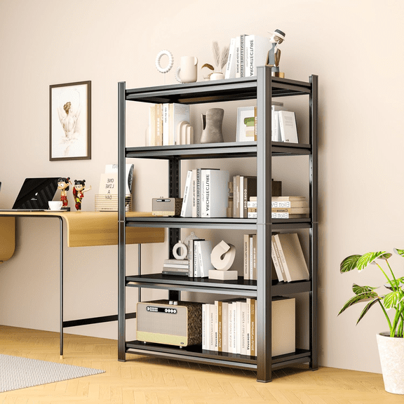 5 Tier Metal Bookshelf, 36" W Bookshelves, Heavy Duty Steel Bookcases, Large Storage Capacity Adjustable Tall Industrial Bookshelf for Living Room, Bedroom and Library, Black