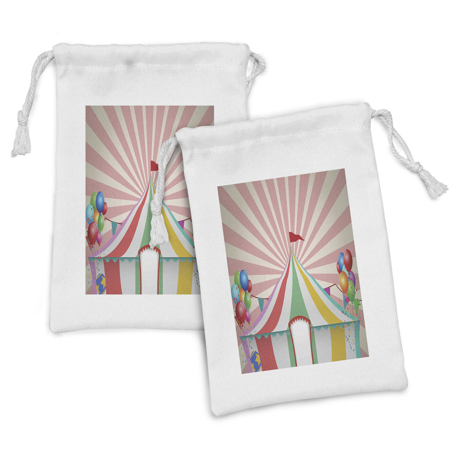 Circus Fabric Pouch Set of 2, Old Style Vintage Circus Tent with Balloons  Carnival Celebration Performance Animals, Drawstring Bag for Toiletries