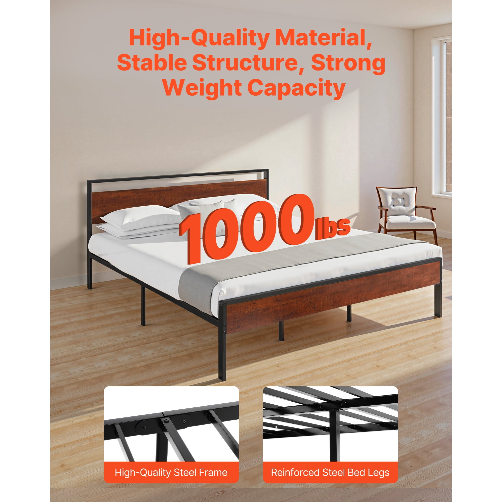 KFFKFF King Size Bed Frame, 14-Inch Metal Platform with Wooden Headboard and Footboard, Spacious Under-Bed Storage, Quiet Design, No Box Spring Required, Simple Assembly