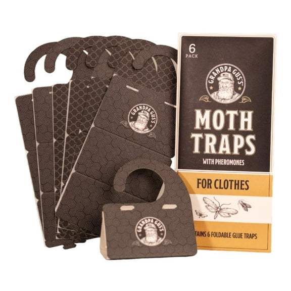 Grandpa Gus's Clothes Moth Traps, Potent Pheromone Sticky Glue Traps for Case-Making and Web Spinning Moths, Pack of 6 for Clothing, Closets & Carpets