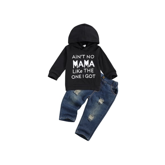 WIFORNT 2 Pieces Kids Suit Set, Boys Letter Print Long Sleeve Hooded Pullover+ Ripped Jeans, Gray/Black