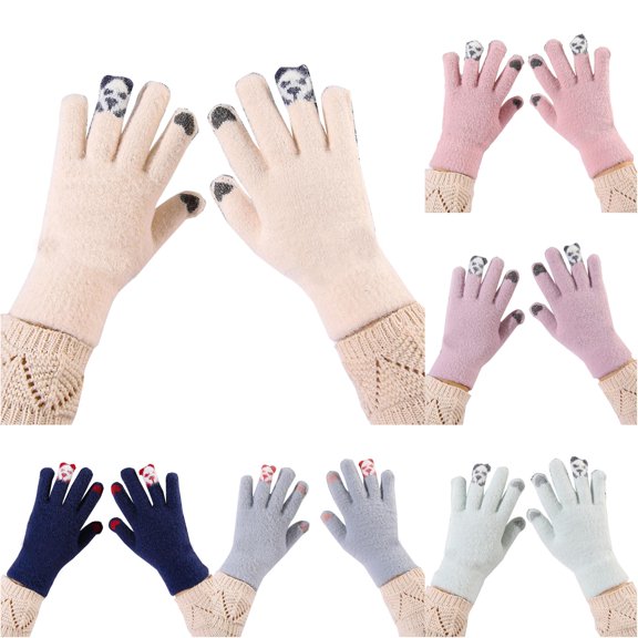 HNMKIU Cute Panda Winter Knitted Touchscreen Riding Five Finger Thermal Mittens Windproof Cold Weather Beige - One Size