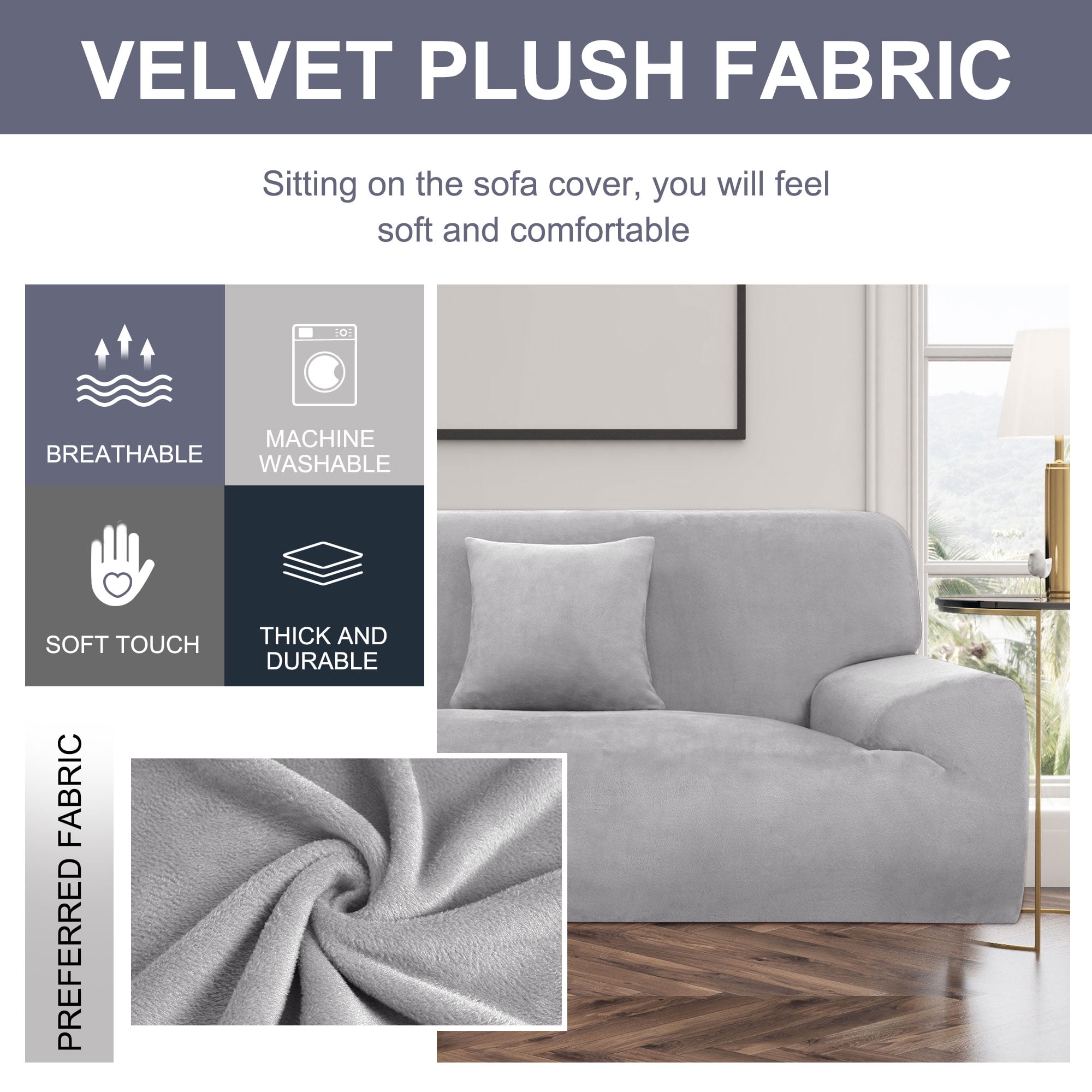 PiccoCasa Velvet Plush Stretch Sofa Slipcover with Cushion Cover, Dary Gray Large
