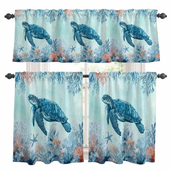 Coastal Turtle Blue Kitchen Curtains Sets for Windows 24 Inch Length, Summer Beach Nautical Coral Starfish Rod Pocket Window Treatments Tier Curtains and Valances Set for Bedroom/Bathroom