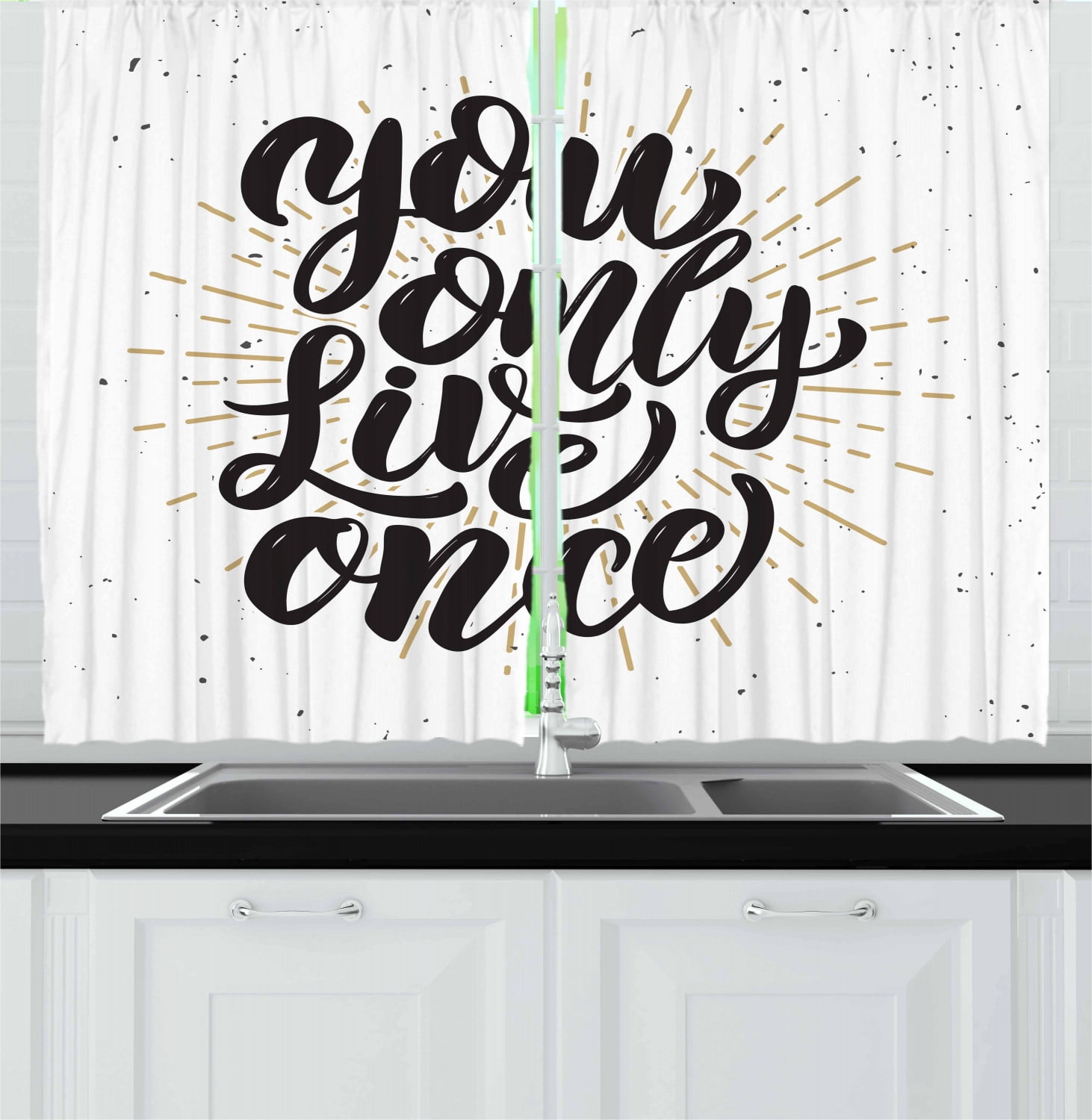 YOLO Curtains 2 Panels Set, Hand Drawn Motivational Quote with Grunge Stripes Dots Backdrop Typography, Window Drapes for Living Room Bedroom, 55W X 39L Inches, Black White and Yellow, by Ambesonne