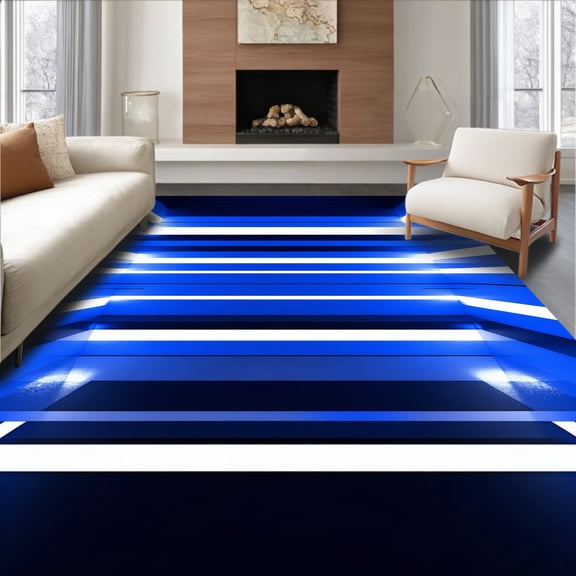 ODIKA 4'x6' Machine Washable Non-Slip Area Rug, LED Enhanced Reversible with and Stripe Design High Traffic Rug, Blue, 66361