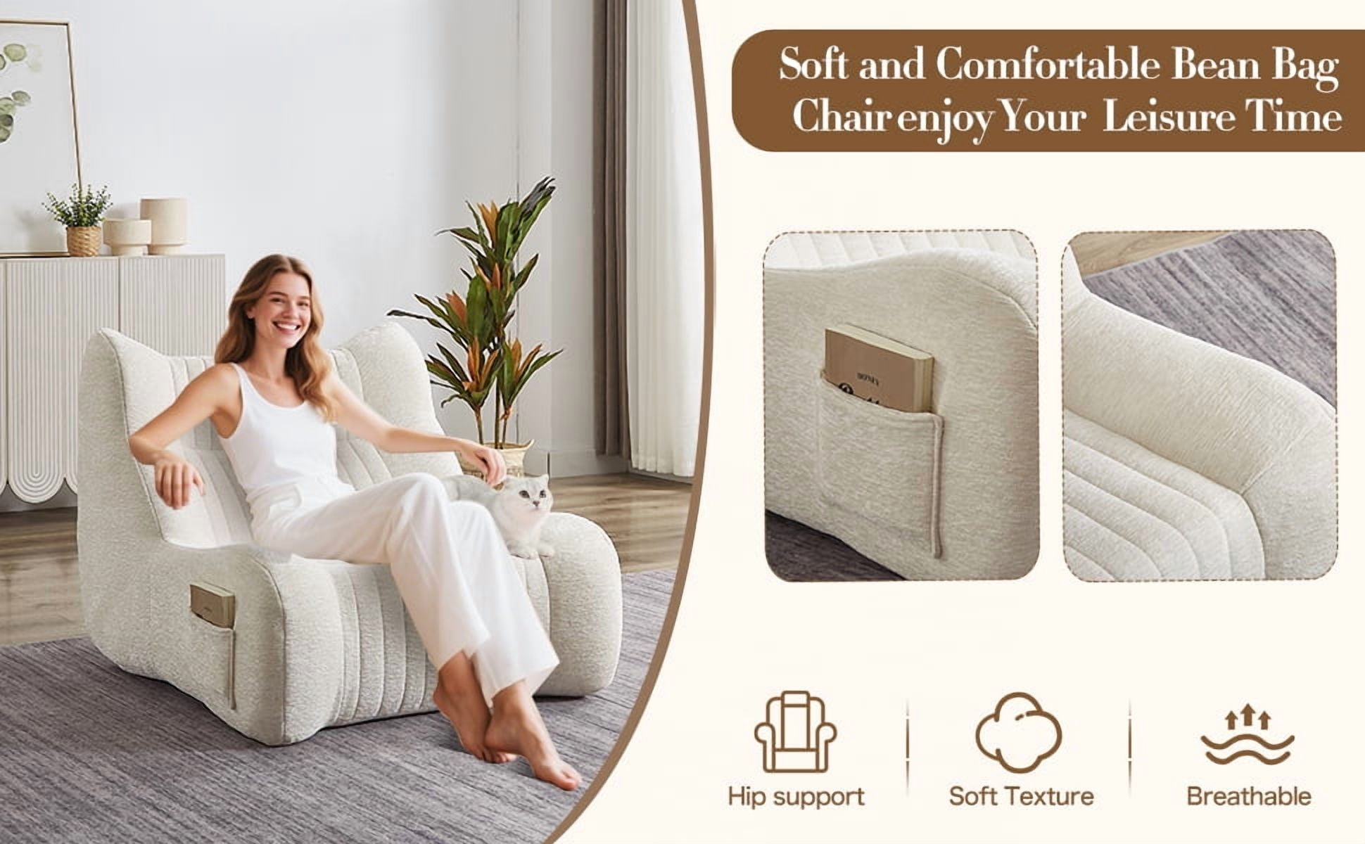 Bean Bag Chair for Adults with Armrests - Oversized Comfy Beanbag Lounge Lazy Floor Sofa Accent Chair for Living Room, Bedroom