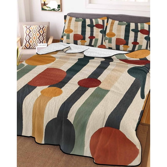 Abstract Boho Queen Size Down Alternative Comforter, Lightweight Comforter Quilt Bedding Set with Pillow Shams Vintage Multicolored Geometric Stripes All Seasons Bed Comforter Duvet Insert 90"x96"