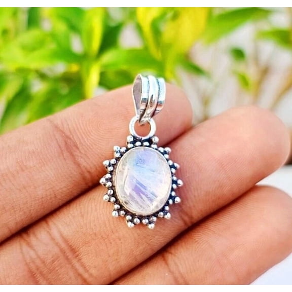 Natural Rainbow Moonstone Gemstone Pendant 925 Sterling Silver Handmade Jewelry