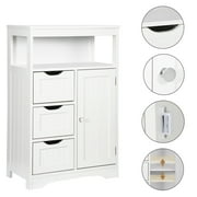 HomGarden Bathroom Floor Storage Cabinet Modern White Wooden Kitchen Cupboard W/Adjustable Shelf & 3 Drawers