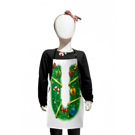 

Christmas Alphabet Kids Apron U Lettering with New Years Eve Ornaments Pattern on Plain Backdrop Boys Girls Apron Bib with Adjustable Ties for Cooking Baking Painting White and Green by Ambesonne