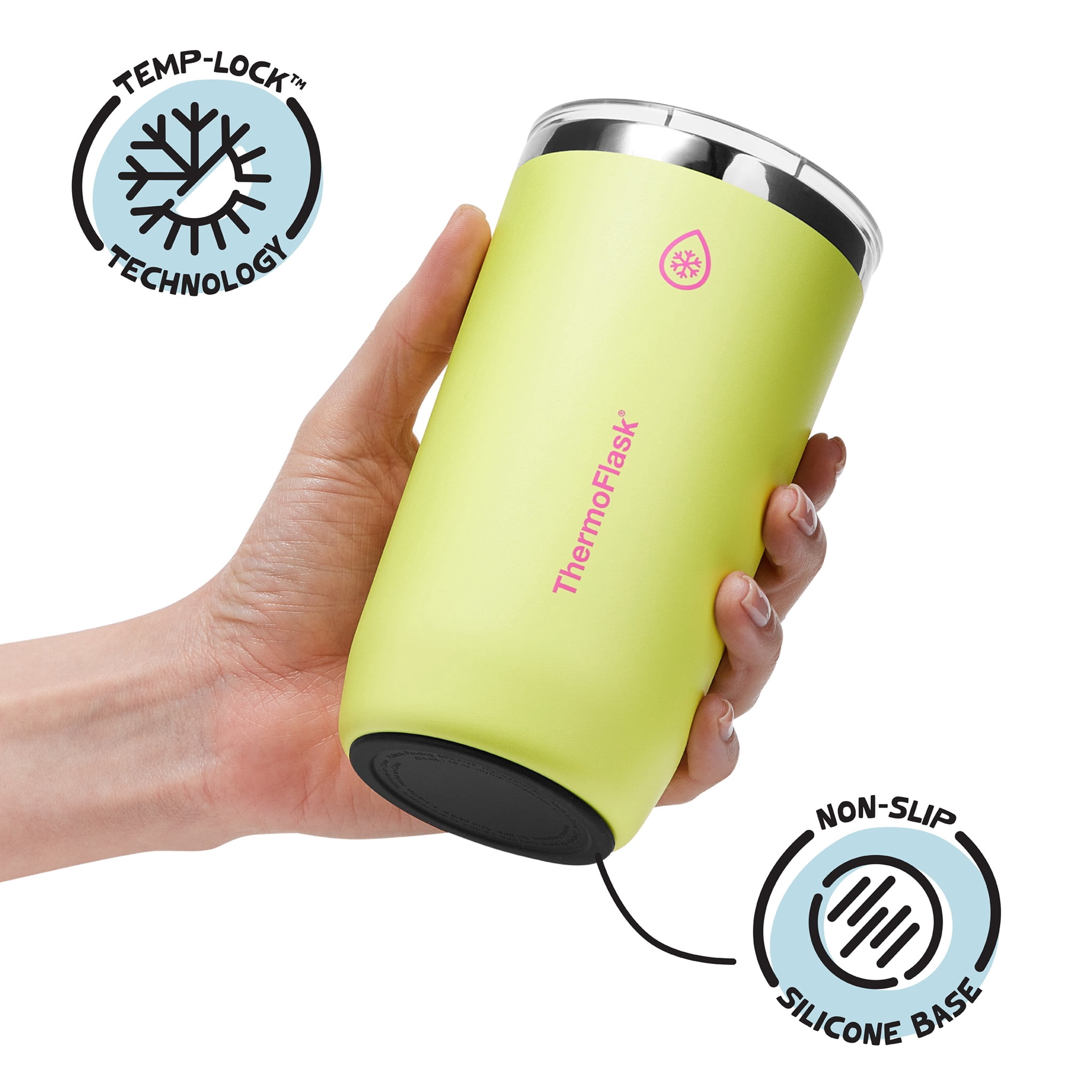 ThermoFlask Drinkware 16 oz Beer Tumbler - Double-Wall Insulated for Cold & Hot Drinks - Lightweight & Simple Cup with Innovative Press In Slider Lid - Modern & Durable -Unmellow Yellow