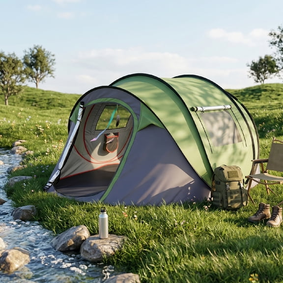 3-4 Person Instant Pop Up Camping Tent, Waterproof Silver Coated 210T Polyester Tent with Front Awning, Dual Mesh Doors for Ventilation, Portable Automatic Family Tent for Camping Festival Beach Back