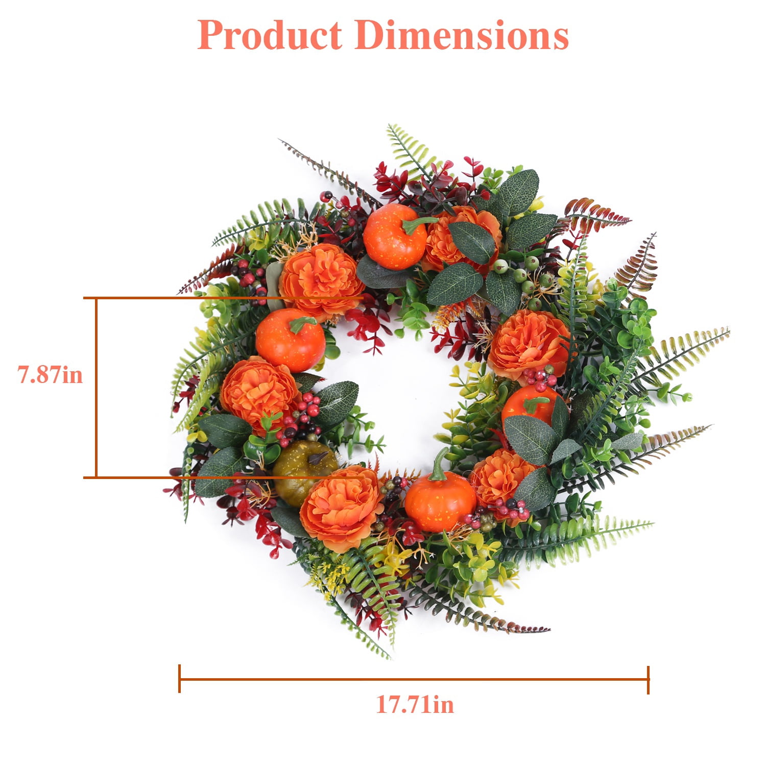 17.71 Inch Fall Artificial Wreath, PE Autumn Wreath with Pumpkins Berries and Leaves, Seasonal Hanging Ornament for Front Door Wall Window Thanksgiving Halloween Decor