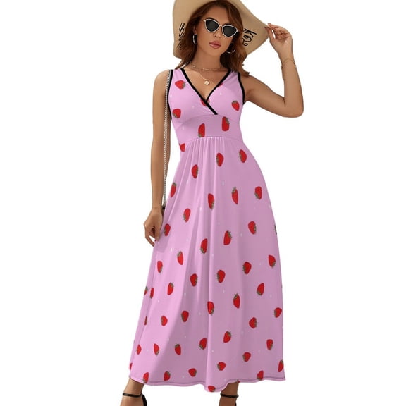 Red Strawberry Love Pattern Polka Dots Sleeveless Dress Dresses Women Summer Evening Dresses Ladies Bohemia Long Dresses