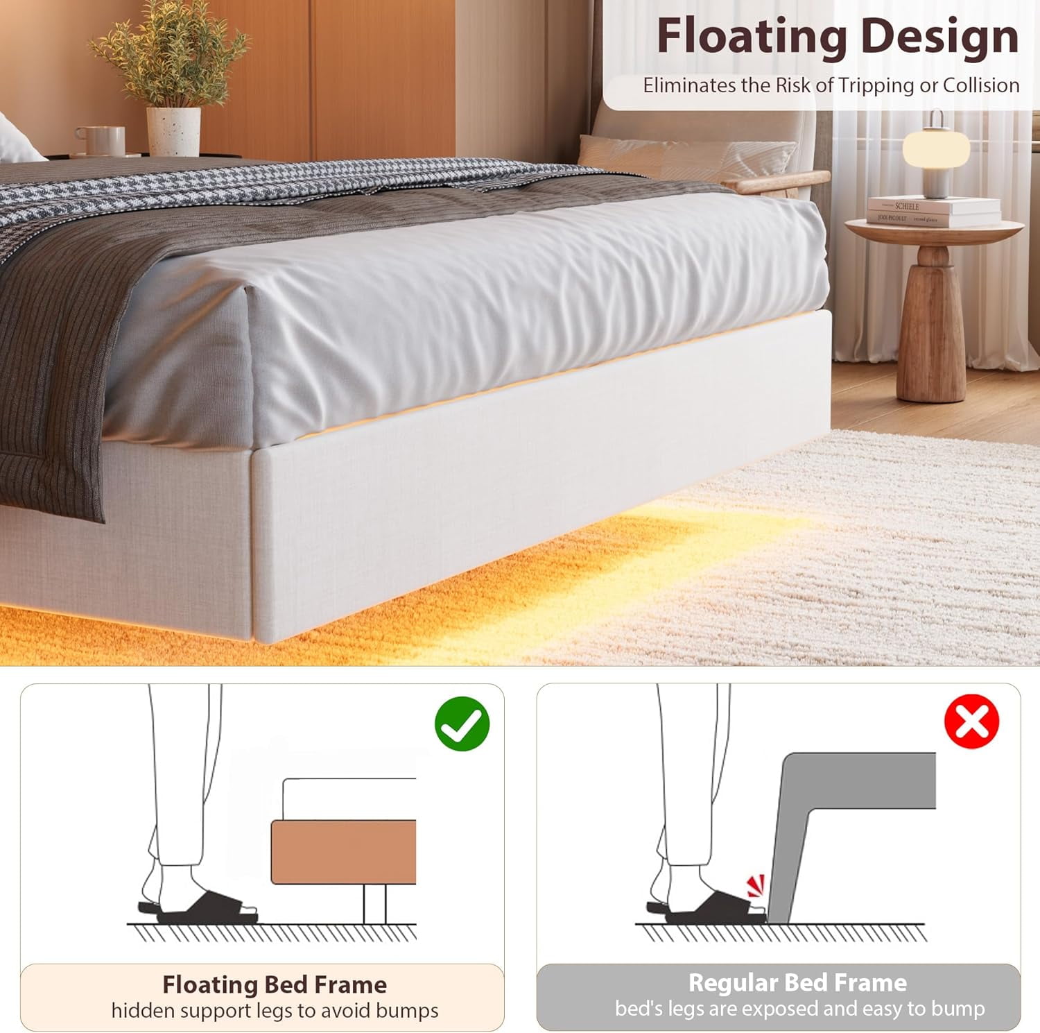 Queen Floating Bed Frame with LED Lights & Charging Station, Upholstered Platform Bed with Storage Headboard, White