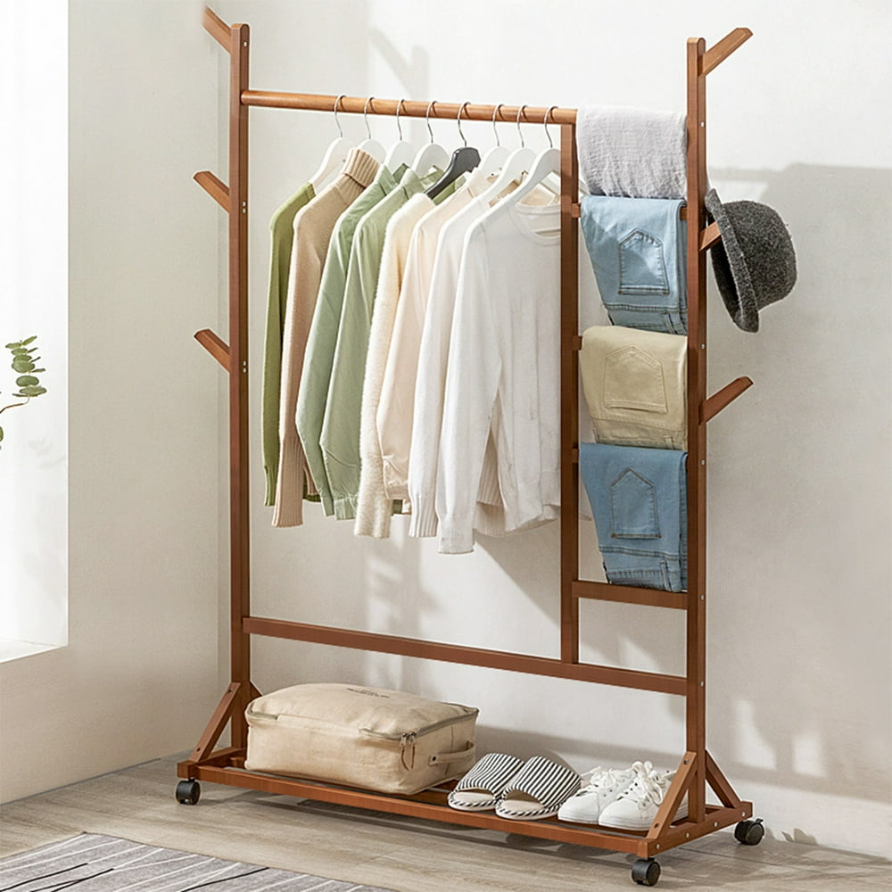 Wooden Garment Rack Shelf, Heavy Duty Floor Bamboo Clothes Rack Shoes