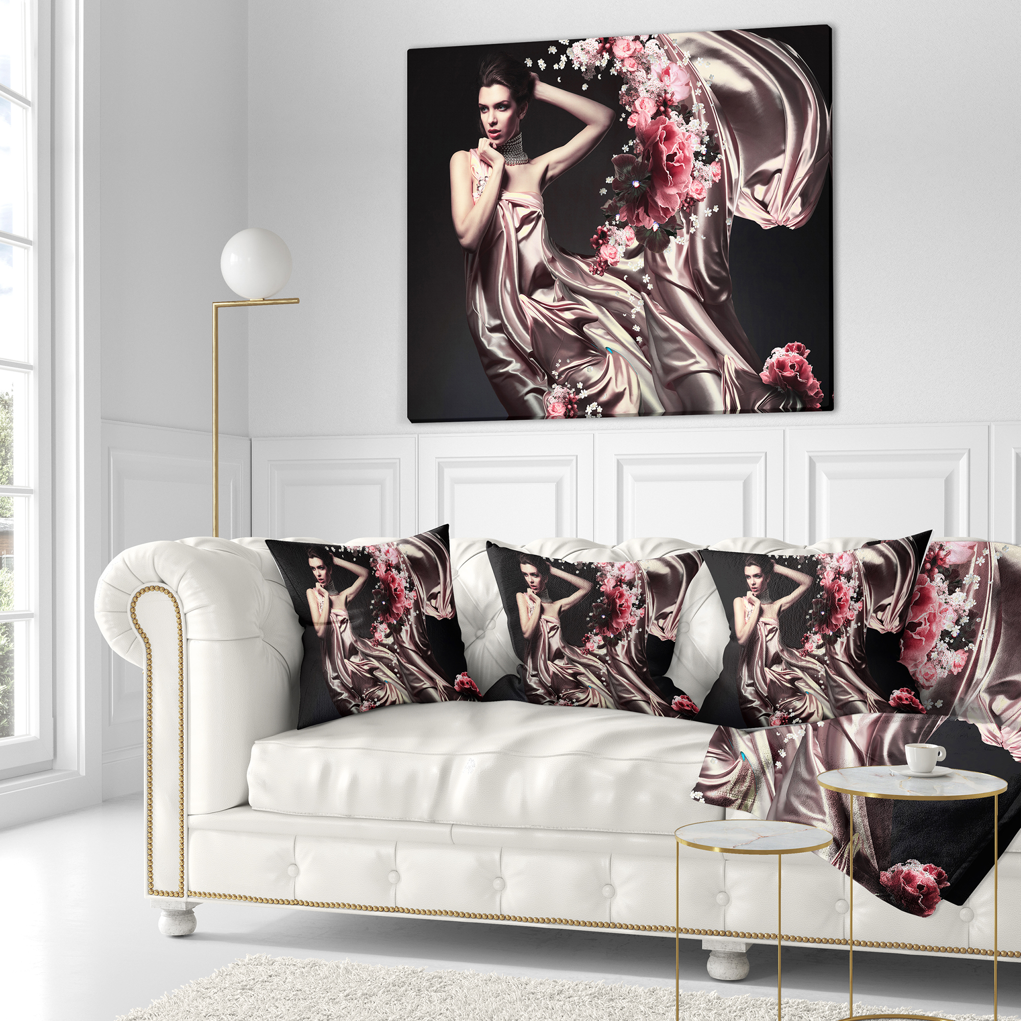 Designart Woman in Fabric and Flowers - Portrait Throw Pillow - 18x18