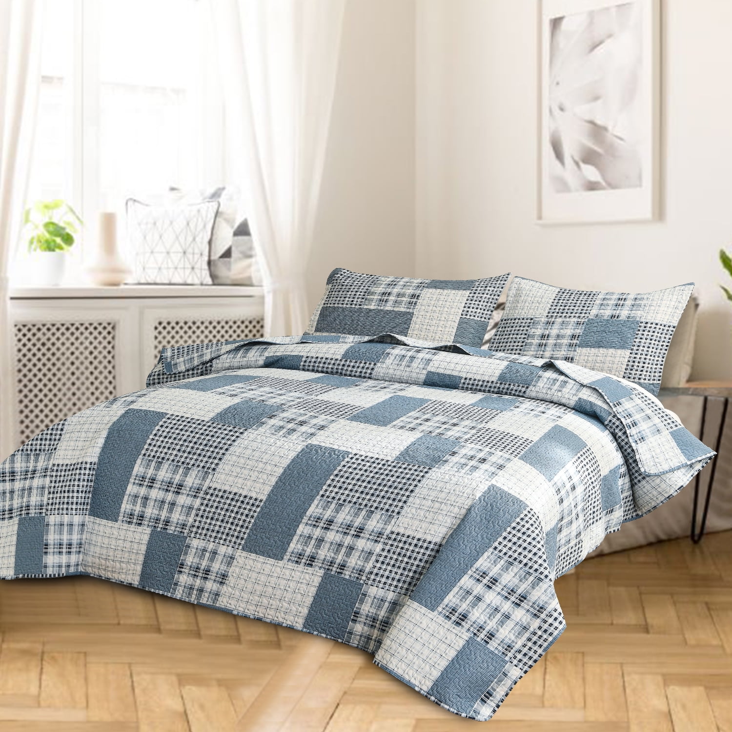 Kebury Quilt Set King Size Plaid Bedding Microfiber Ultra Soft Bedspread Ligthtweight Blue Gray Quilt Coverlet Collection for Bedroom (1 Quilt, 2 Pillow Shams)