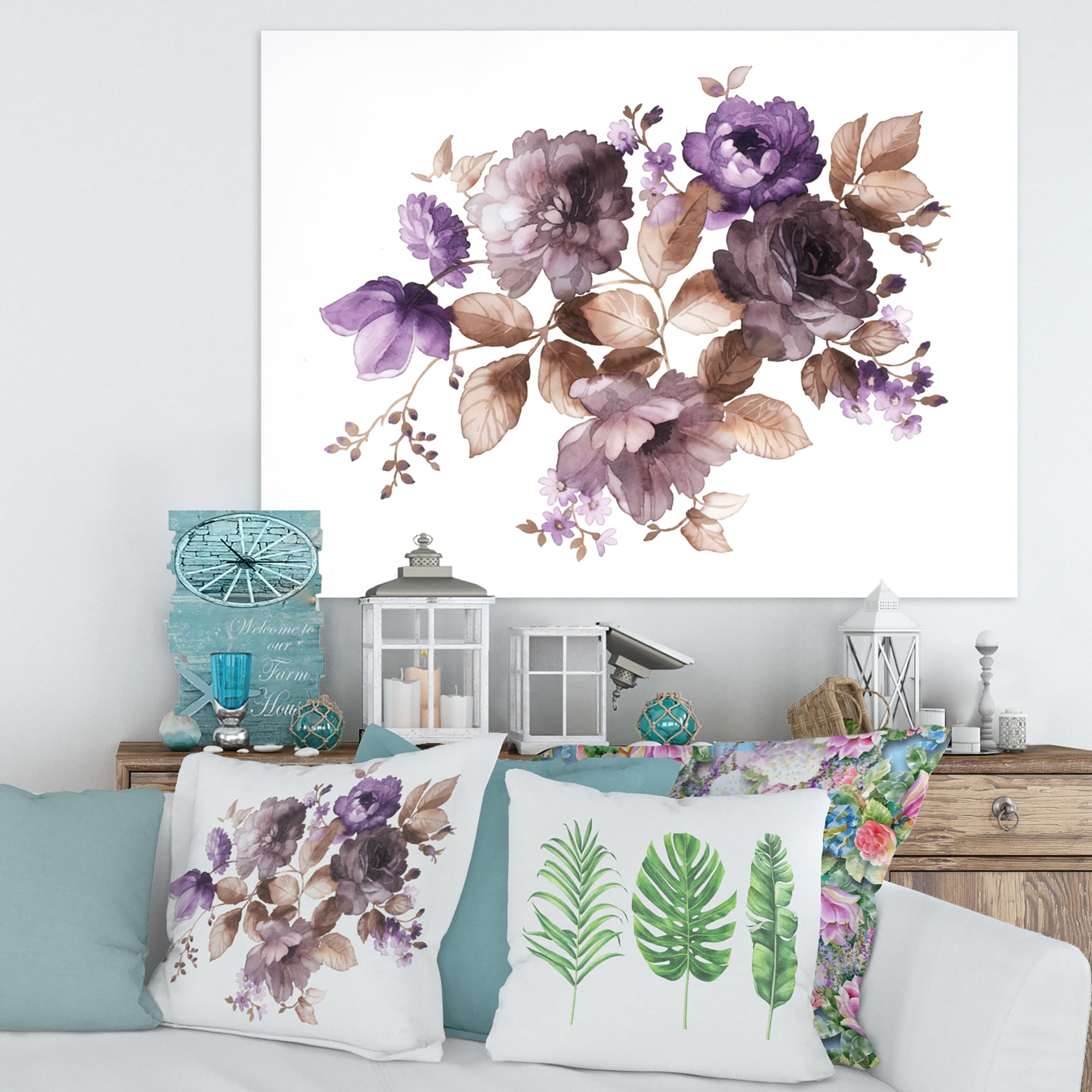 Designart ' Purple Retro Flowers With Brown Leaves On White ' Traditional Canvas Wall Art Print