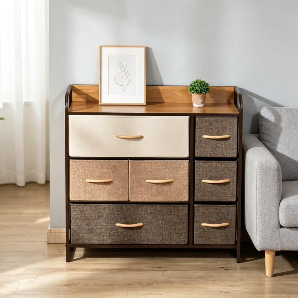 Maple Wood 7-Drawer Dresser, Fabric Storage Chest with Steel Frame & MDF Top, Anti-Tipping Organizer for Laundry Room Living Room Entryway