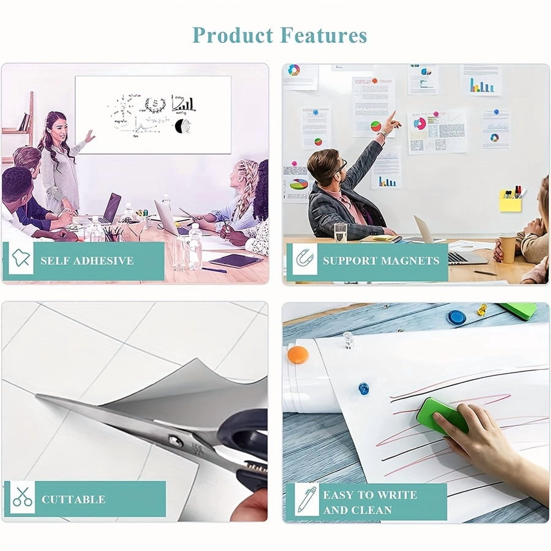 Magnetic Dry Erase Whiteboard Paper with Adhesive, 24" x 48" White Board Film for Wall, Easy to Write and Clean Dry Erase Board for Office, Classroom, Home, Include Marker, Magnetic Eraser and Magnet