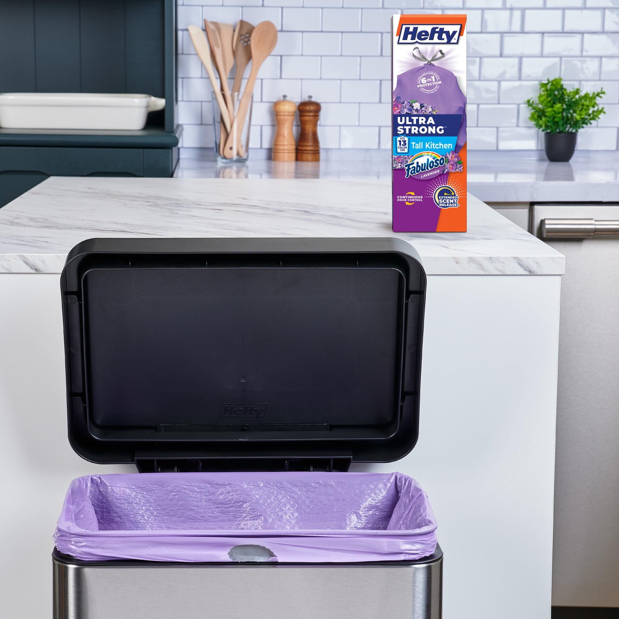 (6 pack) Hefty Ultra Strong 13 Gallon Trash Bags, Tall Kitchen Trash Bags, Purple, Fabuloso Lavender Scent, 20 Bags