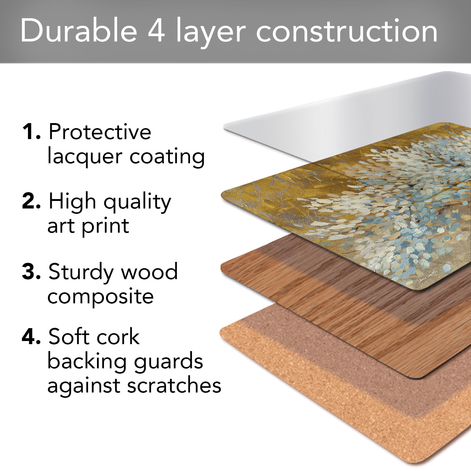 Cala Home "A Thousand Lifetimes" Premium Decorative Hardboard Cork Back Tabletop Placemats 4 Pack