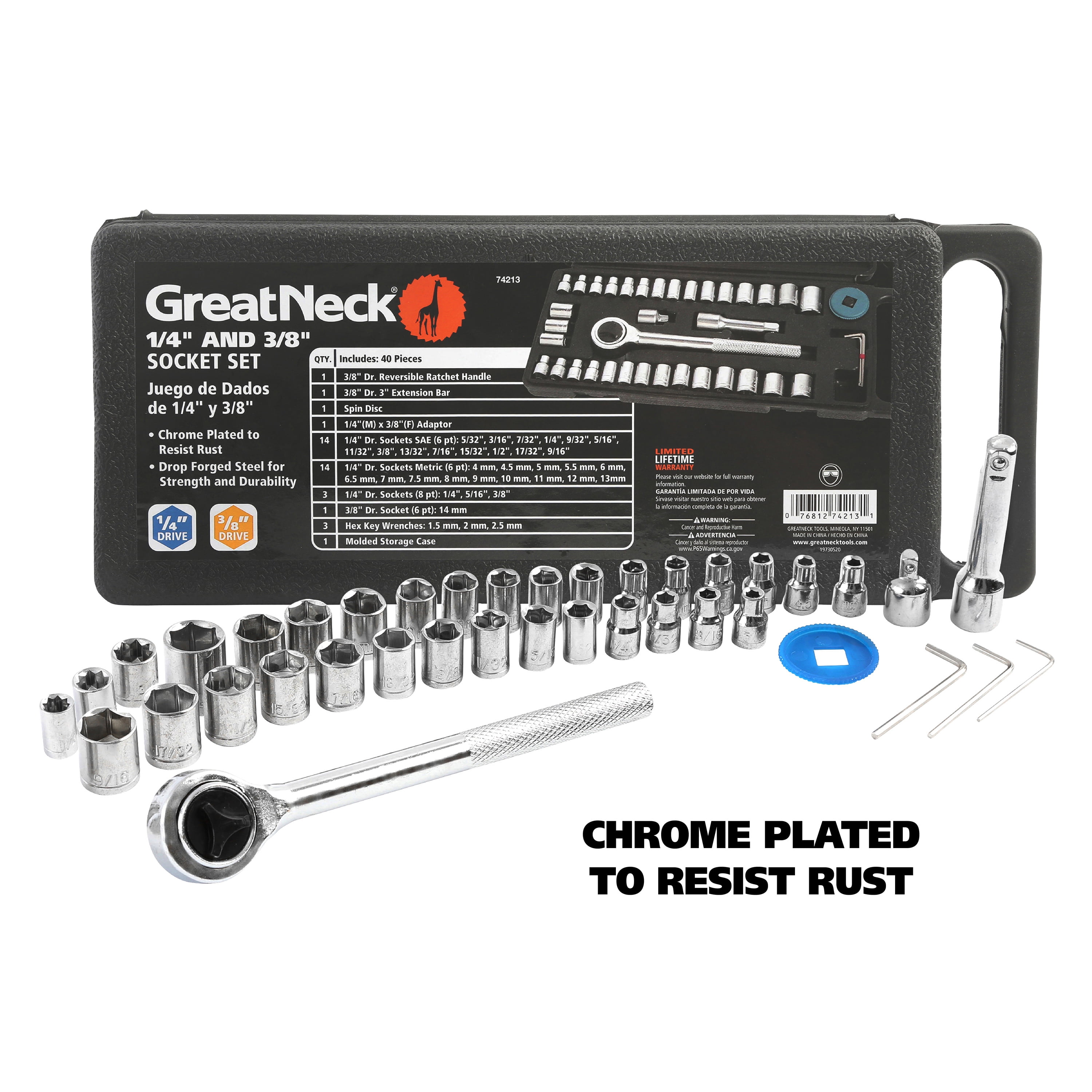 GreatNeck Ratchet and Socket Set, 1/4" & 3/8" Drive, 40 Pieces