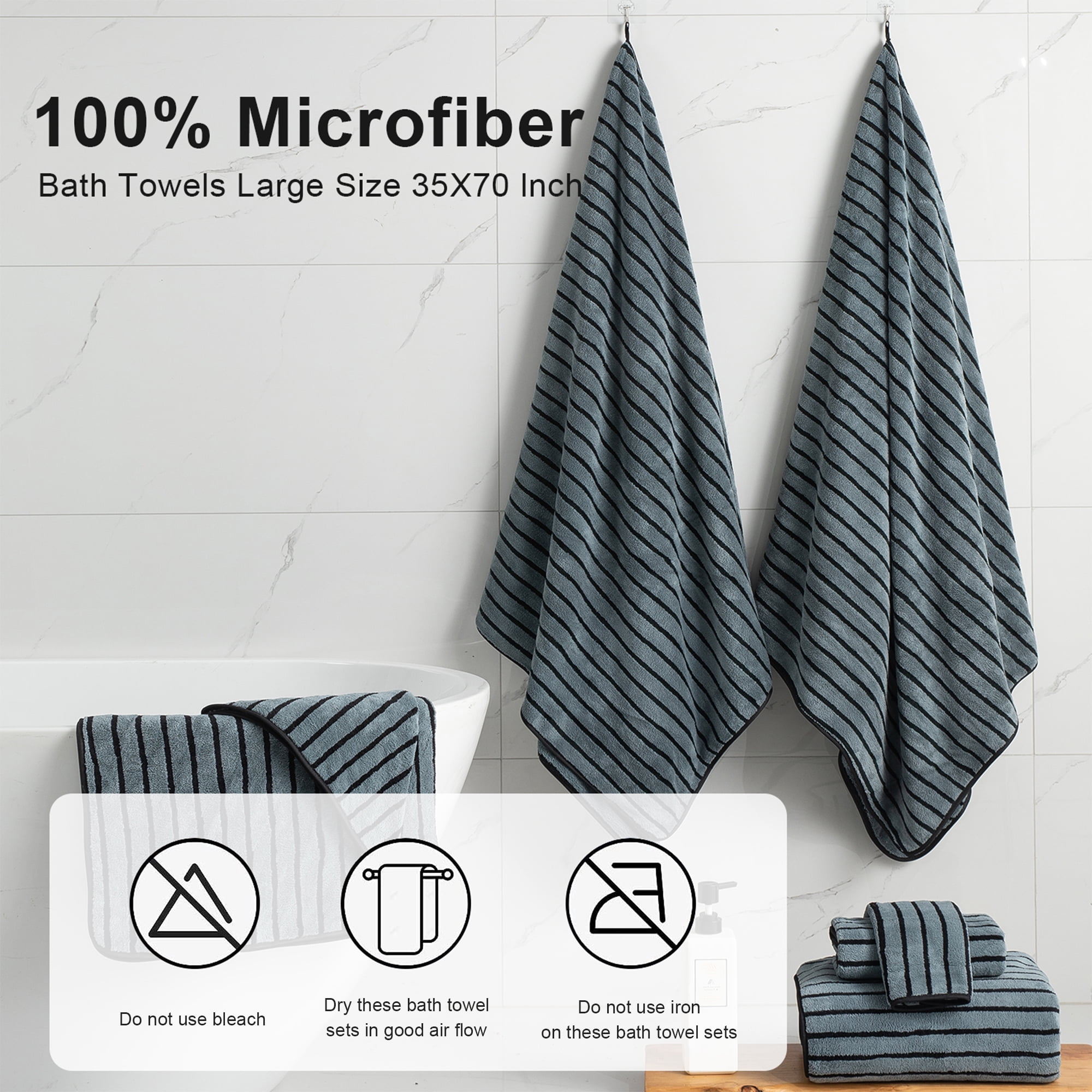 Jessy Home 4 Pack Black Bicolor bar Stripe Large Bath Towels Set Oversized Bath Sheet Soft Towel Set