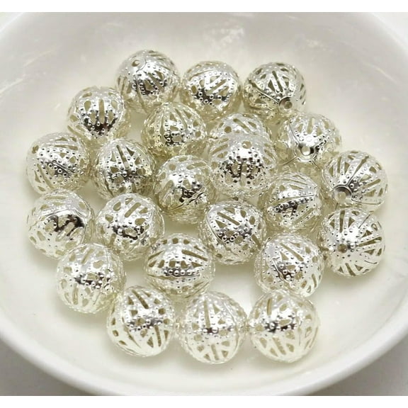 U8MO 200 Silver Plated Metal Round Filigree Spacer Beads 8mm Jewelry Findings