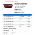 thumbnail image 2 of Left Outer Tail Light Assembly - Compatible with 2020 - 2021 Volkswagen Jetta Sedan, 2 of 2