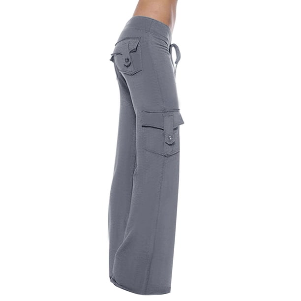 Pantalones cargo informales con cintura elástica para mujer: pierna ancha, bolsillos, poliéster, largo completo, primavera/otoño/invierno - S-XL