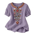 thumbnail image 2 of SSZMDLB Women Plus Size V Neck Short Sleeve Embroidered Boho Tshirt Casual Summer Tops Loose Fit Flowy Tee Shirt Vacation Outfits Beach Holiday Clothes, Purple L, 2 of 7
