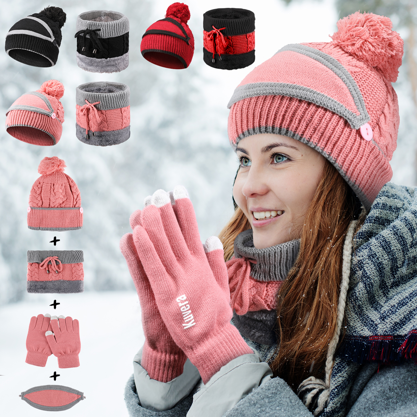 MUCH 3 in 1 Beanie Hat Snow Winter Knit Scarf Gloves Mask Toboggan Ski