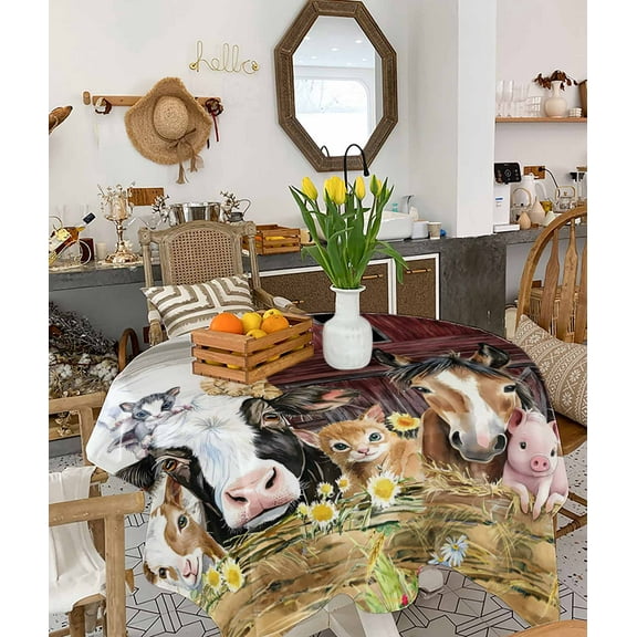 Farmhouse Animals Tablecloth Square Table Cloth 60x60 , Waterproof Tablecloth Outdoor Table Cloth, Cow Pig in Fence Retro Wood Barn Washable Table Cover for Kitchen Dining Party