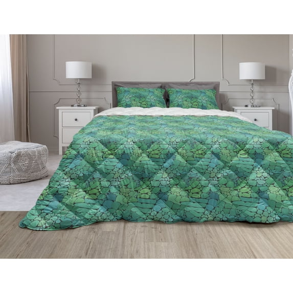 Alligator Comforter & Sham Bedding Set, Exotic Crocodile Snakeskin Abstract Pattern Graphic Animal Print, 3 pcs Duvet Set Microfiber Filling Quilt, 5 Sizes, Teal Sea Green and Black, by Ambesonne