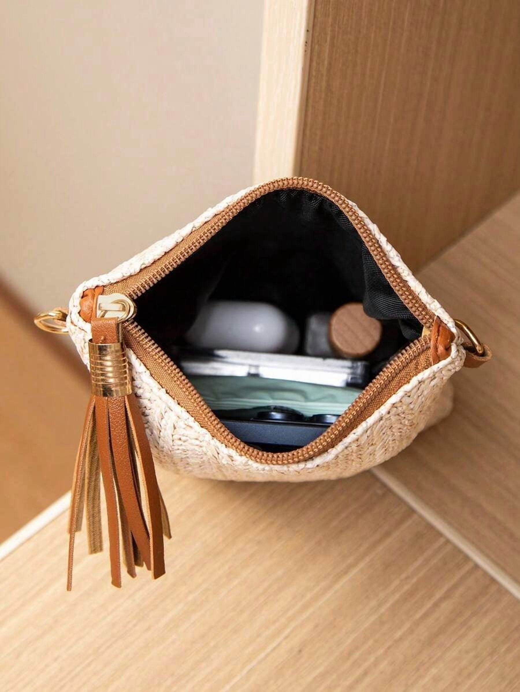 Mini Crossbody Bag For Women, Handwoven Cross-Body Bag, Solid Color Portable Handbag, French Casual Tassel Decor Bag, Large Capacity Multi-Function Zipper Shoulder Strap Bag, Travel Shopping Bag